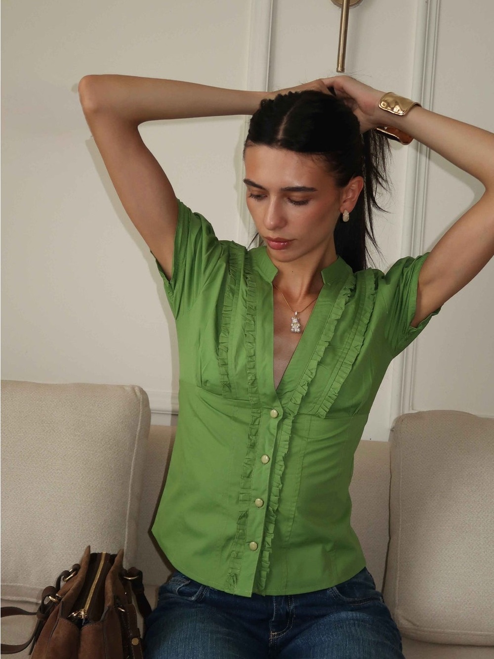 Evierose Green Ruffle-Front Button Blouse - Picture 2 of 9